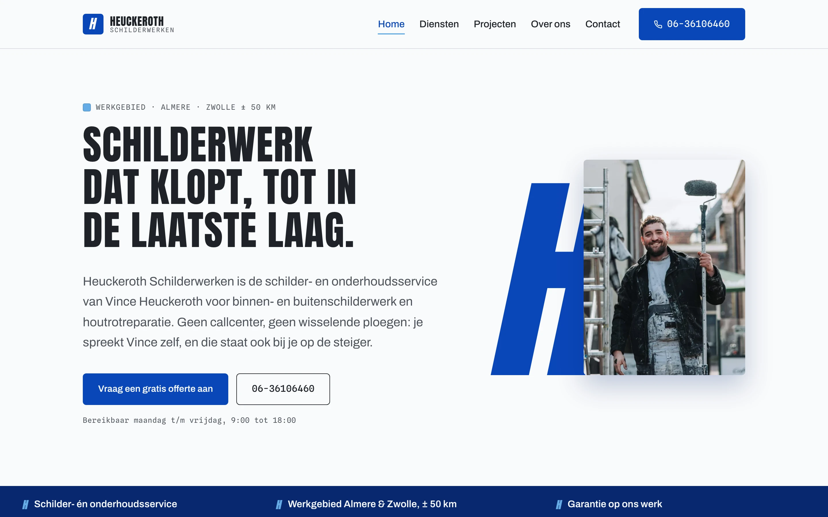 Heuckeroth Schilderwerken homepage with a bold blue H beside painter Vince holding a paint roller, under the headline Schilderwerk dat klopt, tot in de laatste laag