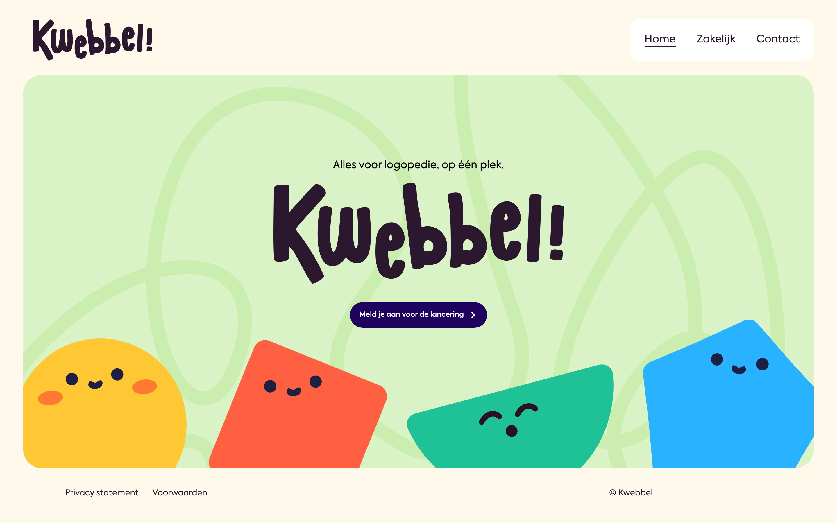 Kwebbel launch site with a hand-lettered logo and four smiling shapes