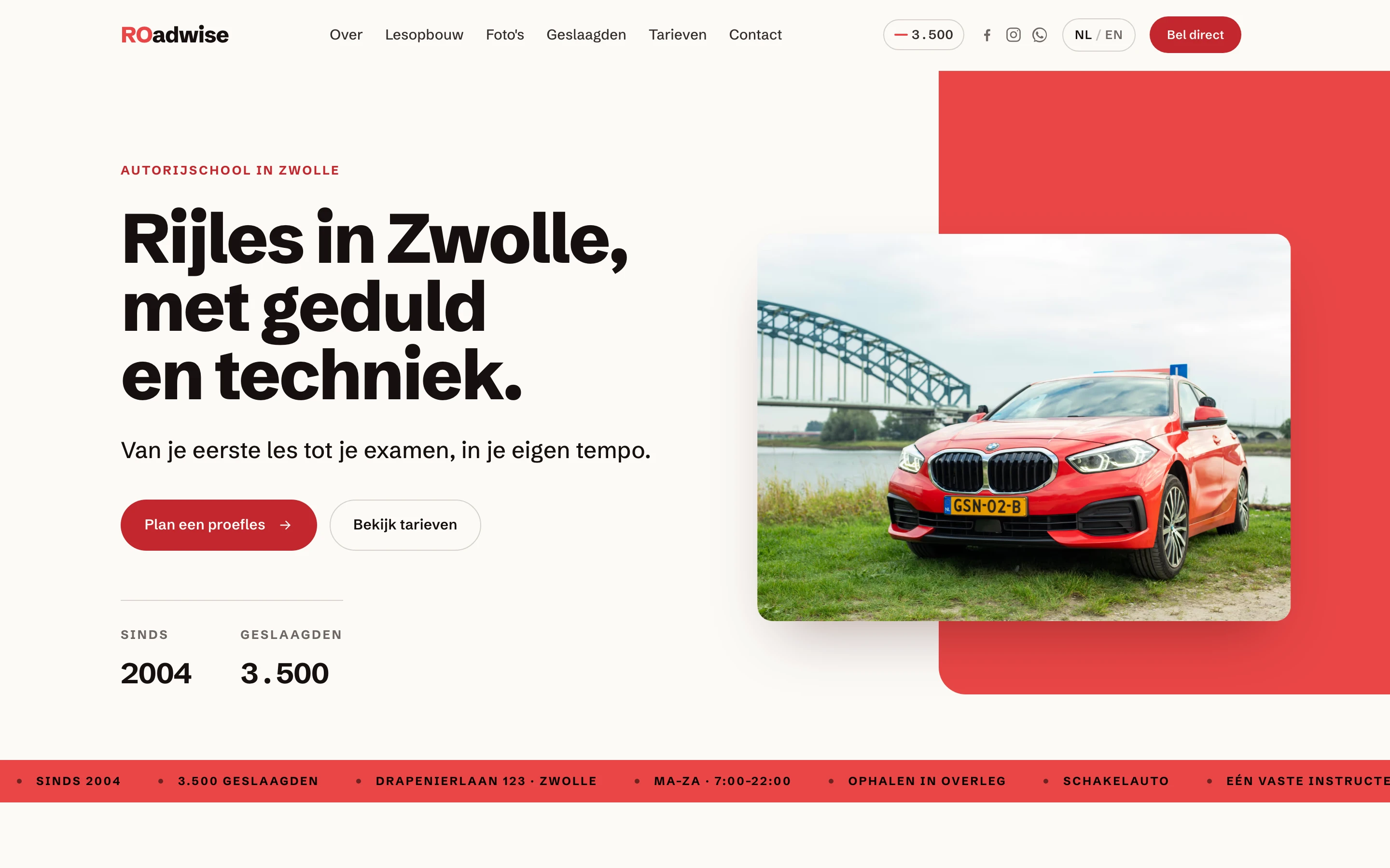 ROadwise homepage with a red BMW by the Zwolle bridge and the headline Rijles in Zwolle, met geduld en techniek
